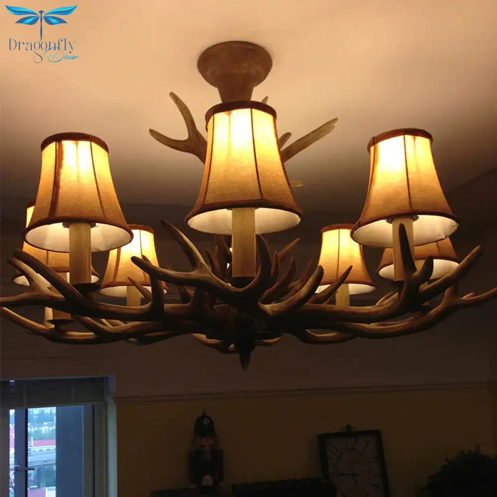 Brown Bell/Cylinder Chandelier Lighting Traditionalism Resin 6/8 Heads Living Room Suspension