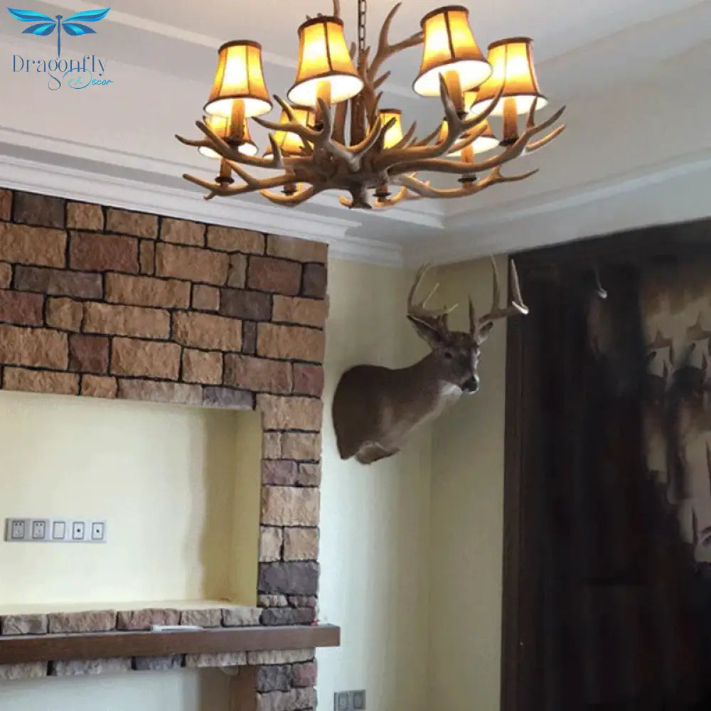 Brown Bell/Cylinder Chandelier Lighting Traditionalism Resin 6/8 Heads Living Room Suspension