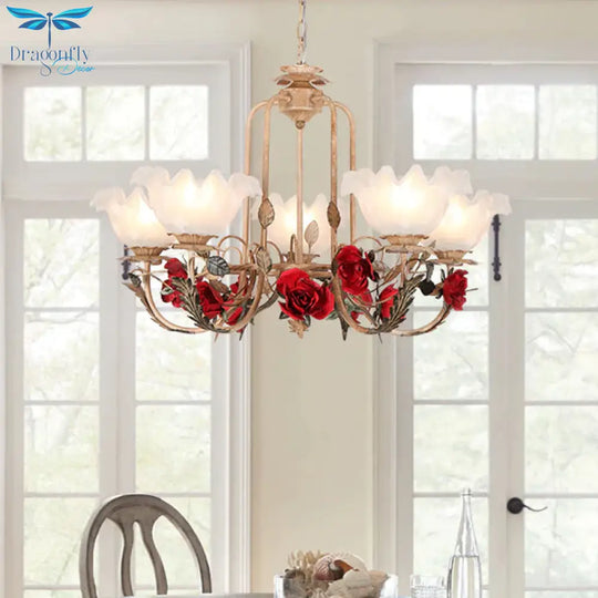 Brown Bloom Chandelier Light Fixture Countryside Metal 3/5/7 Lights Dining Room Hanging Pendant