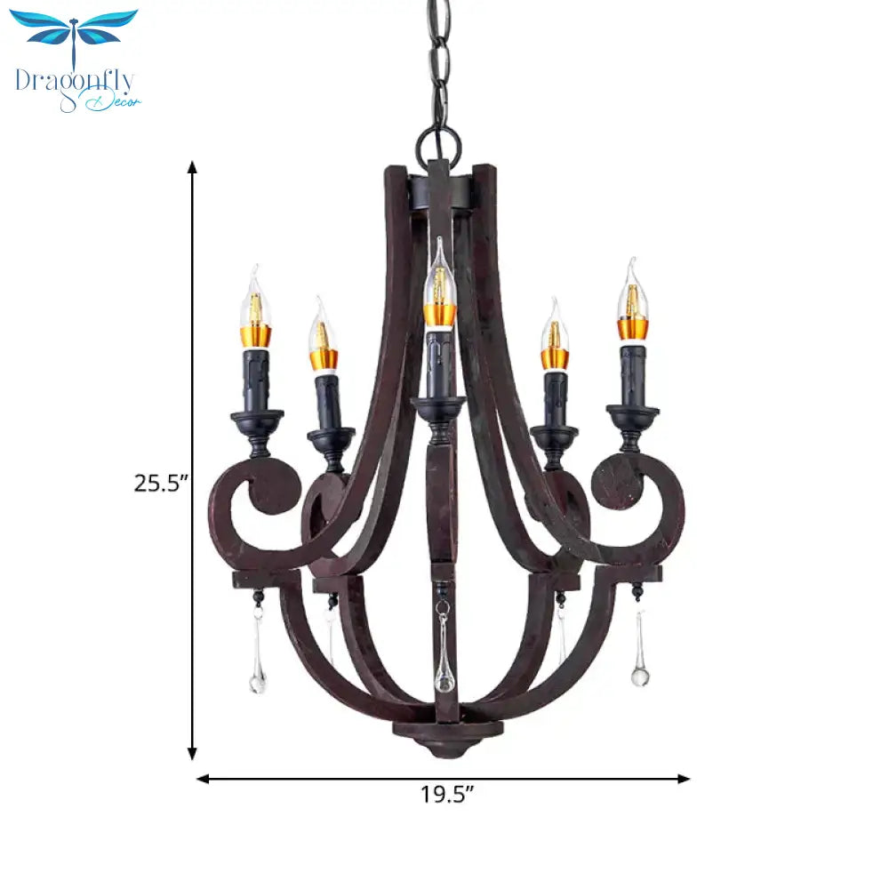 Brown Candle Pendant Chandelier Rural Wooden 5 Heads Restaurant Hanging Ceiling Light