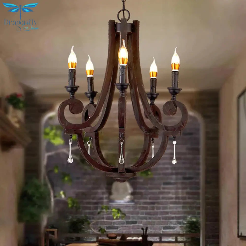 Brown Candle Pendant Chandelier Rural Wooden 5 Heads Restaurant Hanging Ceiling Light