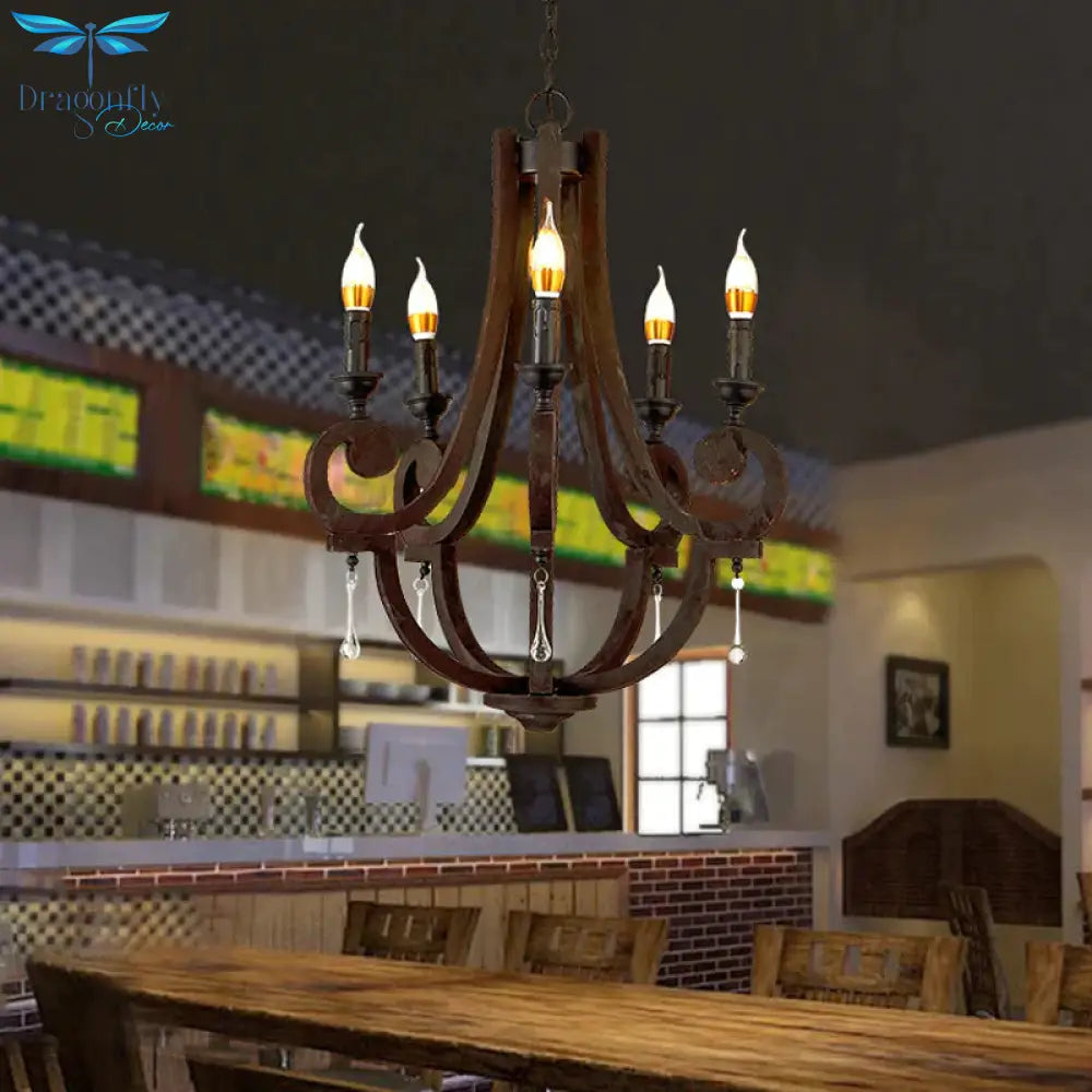 Brown Candle Pendant Chandelier Rural Wooden 5 Heads Restaurant Hanging Ceiling Light