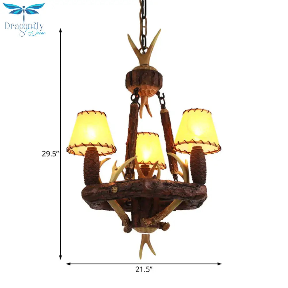 Brown Cone Pendant Chandelier Farmhouse Fabric 3 - Head Living Room Hanging Ceiling Light