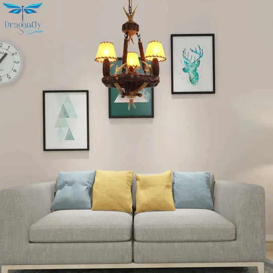 Brown Cone Pendant Chandelier Farmhouse Fabric 3 - Head Living Room Hanging Ceiling Light