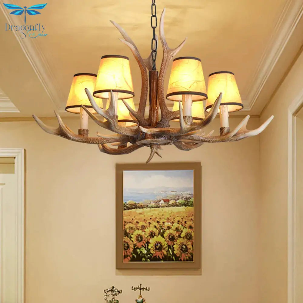 Brown Conical Shade Pendant Chandelier Rural Resin 4/6/8 Heads Dining Room Hanging Ceiling Light