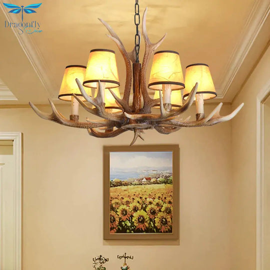 Brown Conical Shade Pendant Chandelier Rural Resin 4/6/8 Heads Dining Room Hanging Ceiling Light