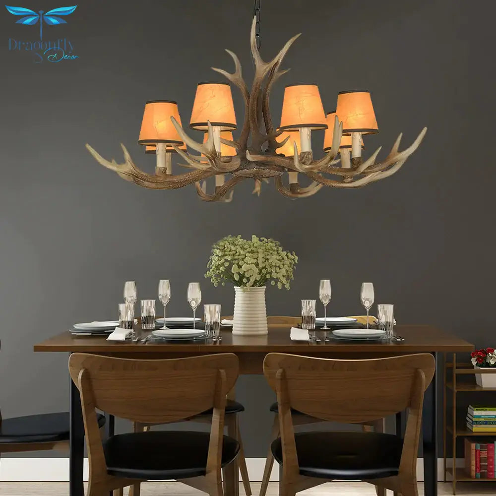 Brown Conical Shade Pendant Chandelier Rural Resin 4/6/8 Heads Dining Room Hanging Ceiling Light