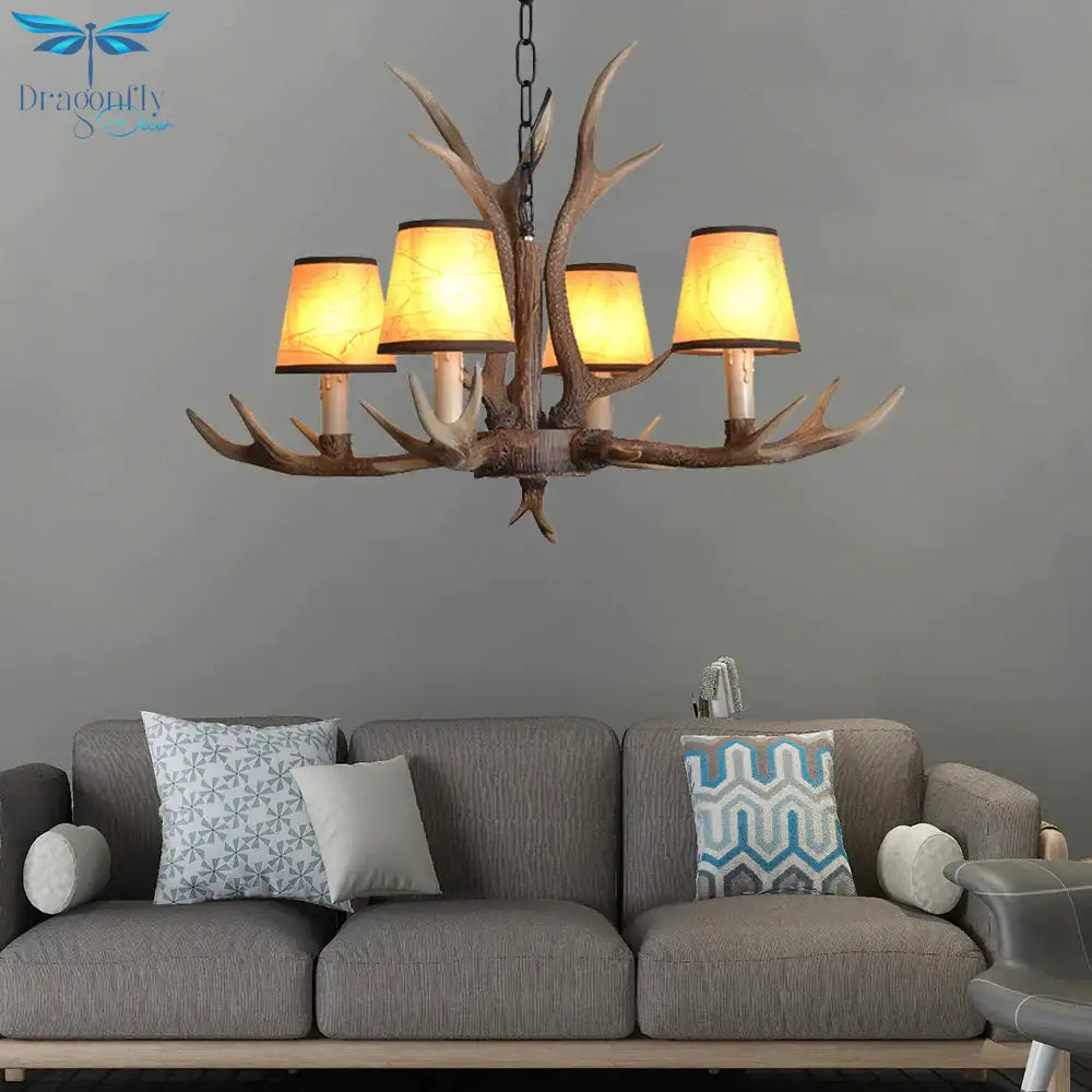 Brown Conical Shade Pendant Chandelier Rural Resin 4/6/8 Heads Dining Room Hanging Ceiling Light