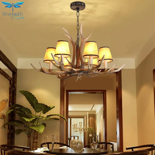 Brown Conical Shade Pendant Chandelier Rural Resin 4/6/8 Heads Dining Room Hanging Ceiling Light