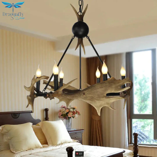 Brown Faux Antler Pendant Chandelier Rustic Resin 6/8 Heads Bedroom Hanging Ceiling Light