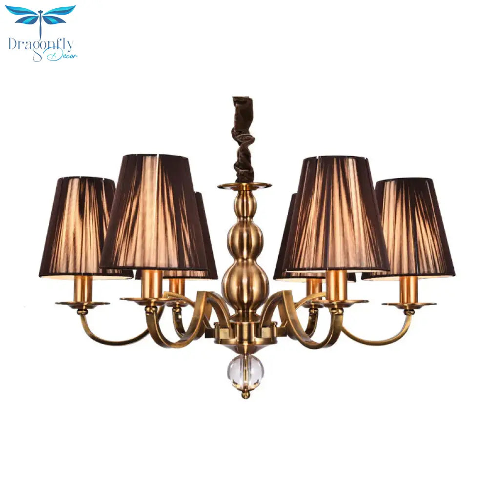 Brown Gathered Fabric Shade Chandelier Lamp Vintage 6/8 Lights Living Room Suspension Light