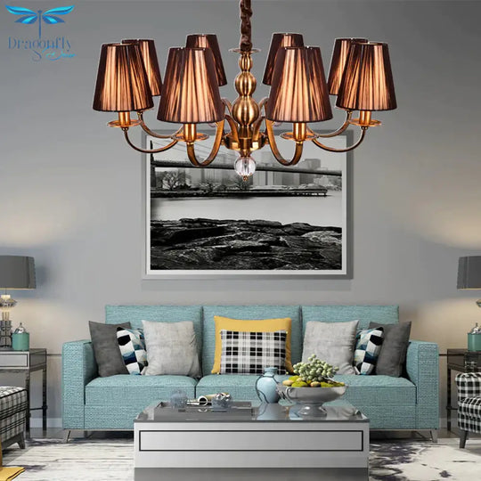 Brown Gathered Fabric Shade Chandelier Lamp Vintage 6/8 Lights Living Room Suspension Light