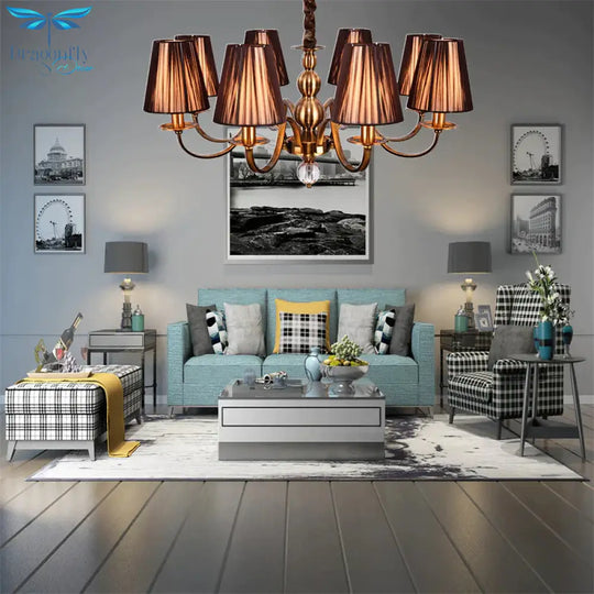 Brown Gathered Fabric Shade Chandelier Lamp Vintage 6/8 Lights Living Room Suspension Light