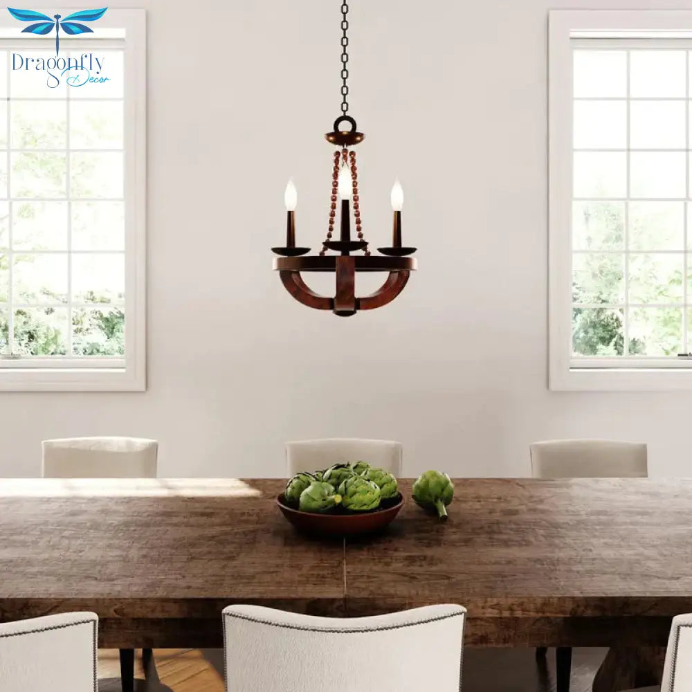 Brown Open Bulb Empire Chandelier Light Traditional Style 3 Heads Wood Hanging Fixture With Bead