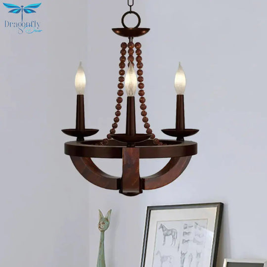 Brown Open Bulb Empire Chandelier Light Traditional Style 3 Heads Wood Hanging Fixture With Bead