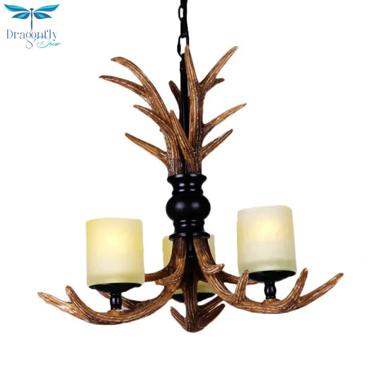 Brown Resin Deer Antler 3 Bulbs Living Room Hanging Pendant Lamp With White Frosted Glass
