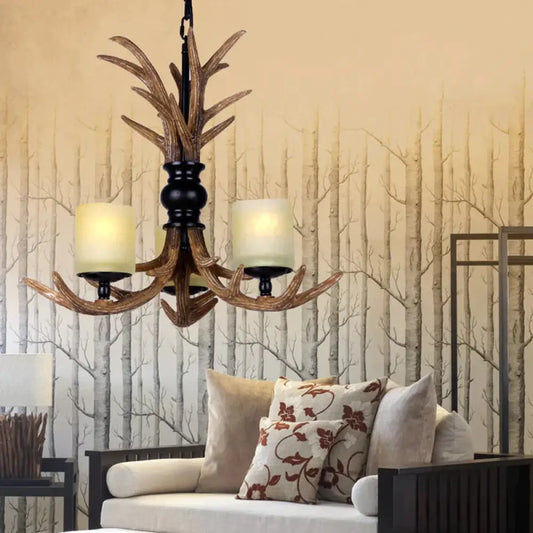 Brown Resin Deer Antler 3 Bulbs Living Room Hanging Pendant Lamp With White Frosted Glass