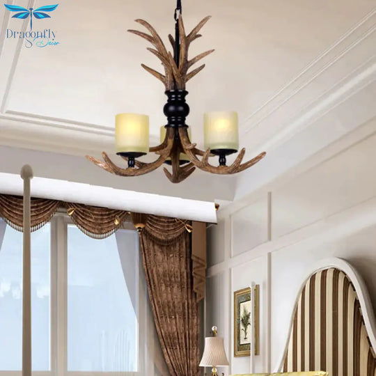 Brown Resin Deer Antler 3 Bulbs Living Room Hanging Pendant Lamp With White Frosted Glass