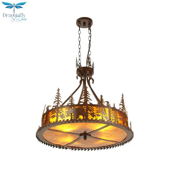Brown Round Chandelier Lamp Country Metal 3 Lights Living Room Hanging Light With Tree Pattern