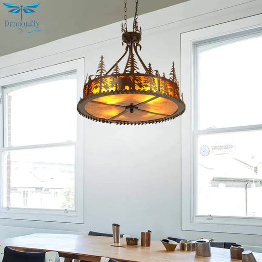 Brown Round Chandelier Lamp Country Metal 3 Lights Living Room Hanging Light With Tree Pattern