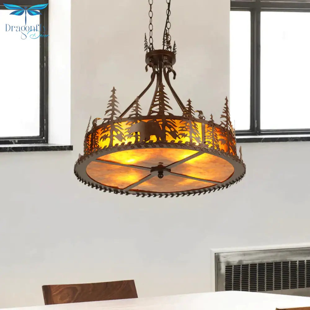 Brown Round Chandelier Lamp Country Metal 3 Lights Living Room Hanging Light With Tree Pattern