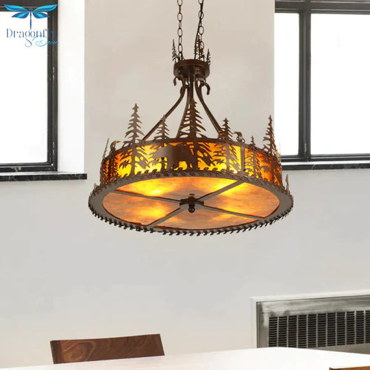 Brown Round Chandelier Lamp Country Metal 3 Lights Living Room Hanging Light With Tree Pattern