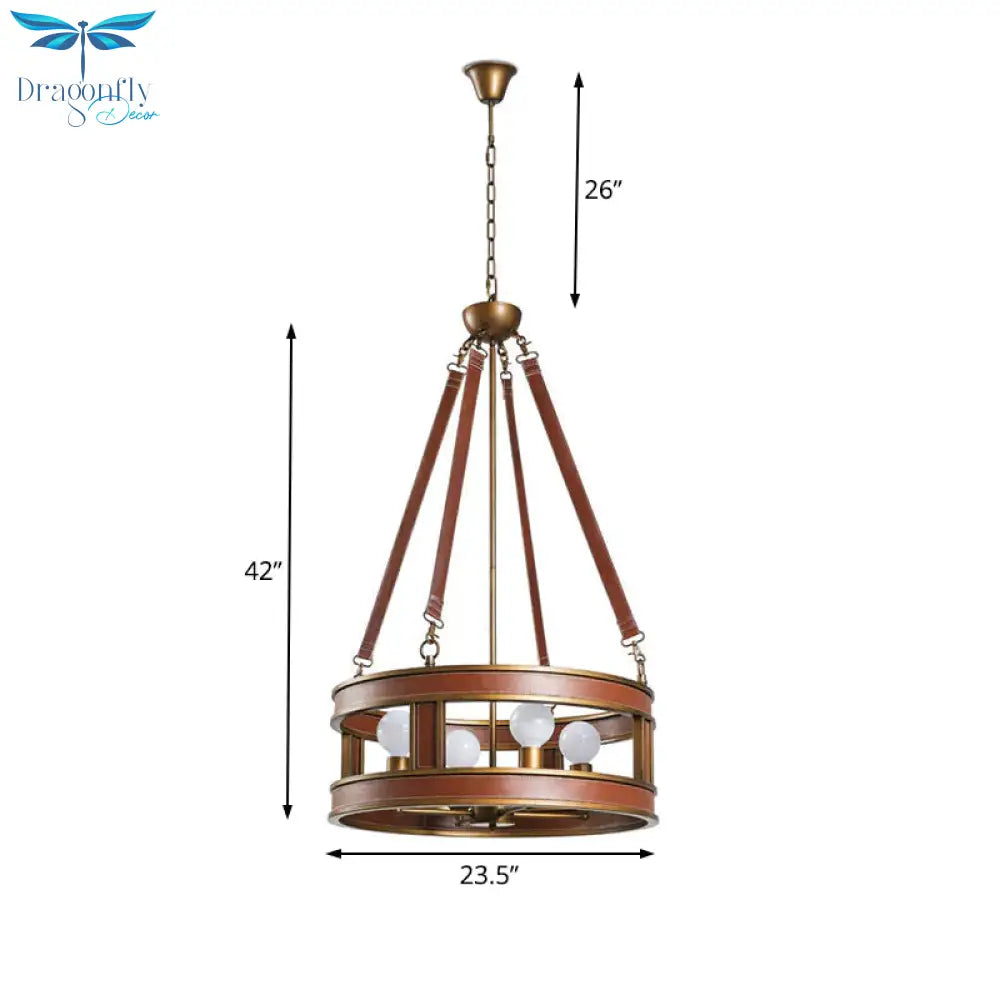 Brown Round Chandelier Lamp Country Style Metal 4 Lights Living Room Hanging Fixture