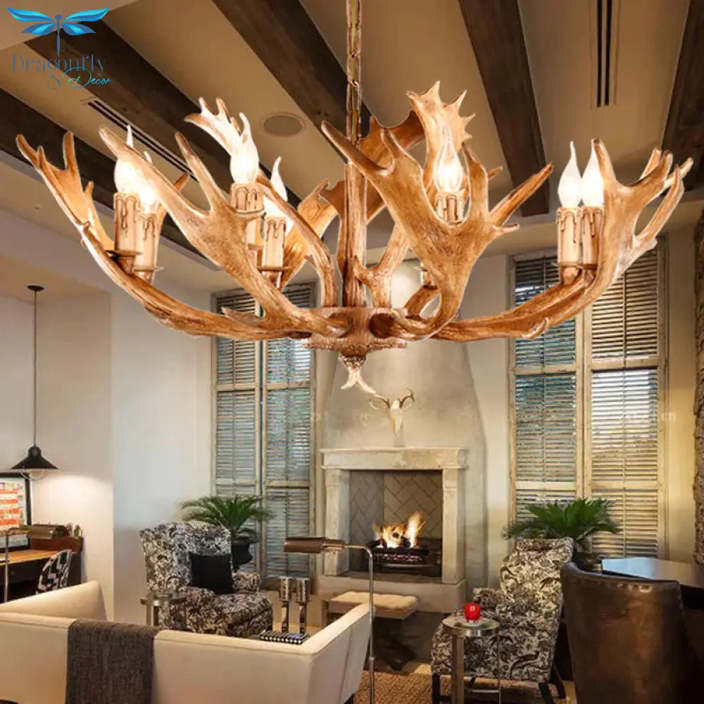 Brown Sputnik Chandelier Lighting Farmhouse Resin 5/8 Heads Living Room Ceiling Suspension Lamp