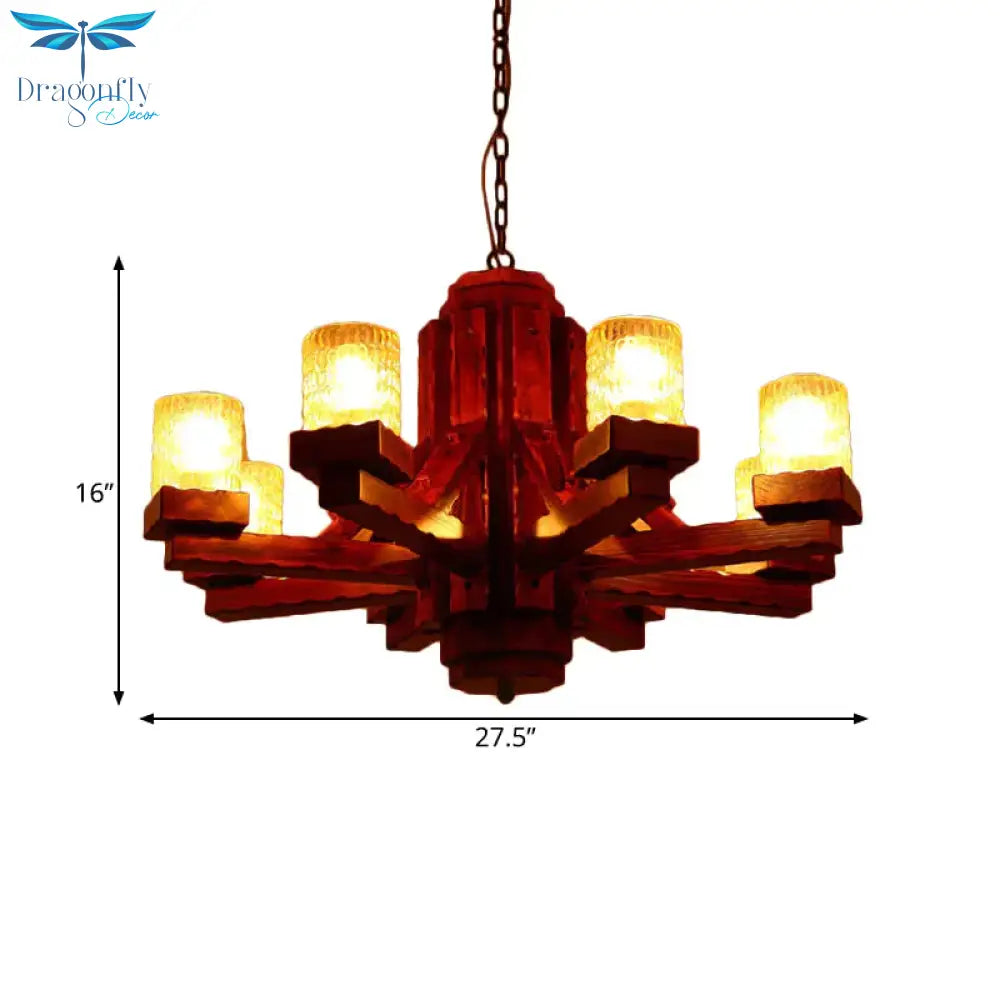 Brown Sputnik Hanging Chandelier Rustic Wood 8 Lights Living Room Ceiling Fixture With Cylinder