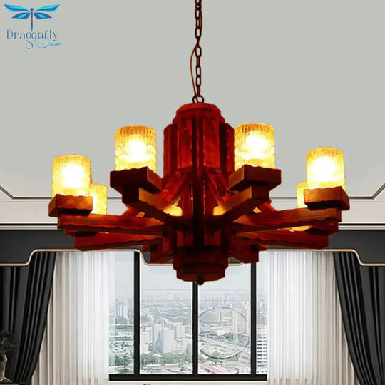 Brown Sputnik Hanging Chandelier Rustic Wood 8 Lights Living Room Ceiling Fixture With Cylinder
