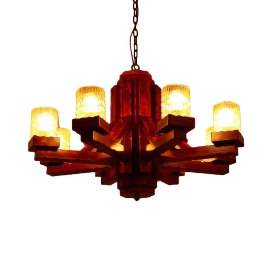 Brown Sputnik Hanging Chandelier Rustic Wood 8 Lights Living Room Ceiling Fixture With Cylinder