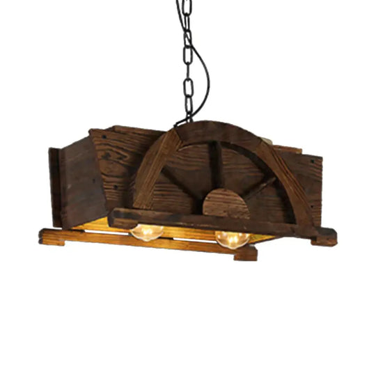 Brown Wood Rectangle Hanging Light 2 - Bulb Antique Ceiling Fixture For Restaurant