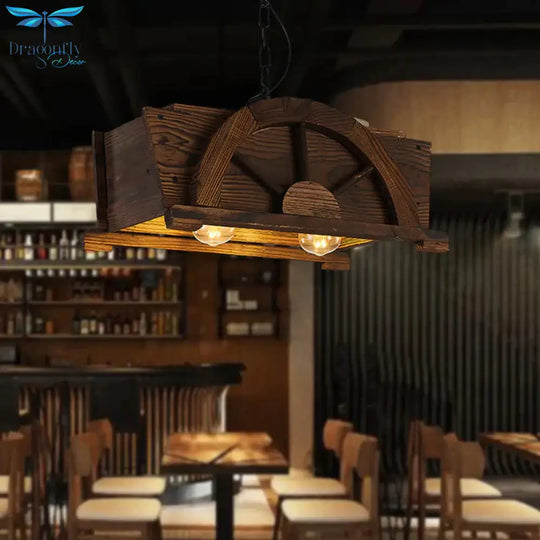 Brown Wood Rectangle Hanging Light 2 - Bulb Antique Ceiling Fixture For Restaurant