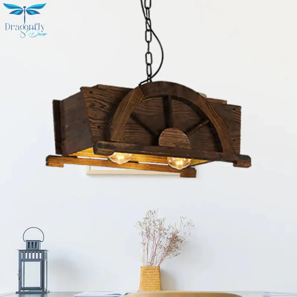 Brown Wood Rectangle Hanging Light 2 - Bulb Antique Ceiling Fixture For Restaurant