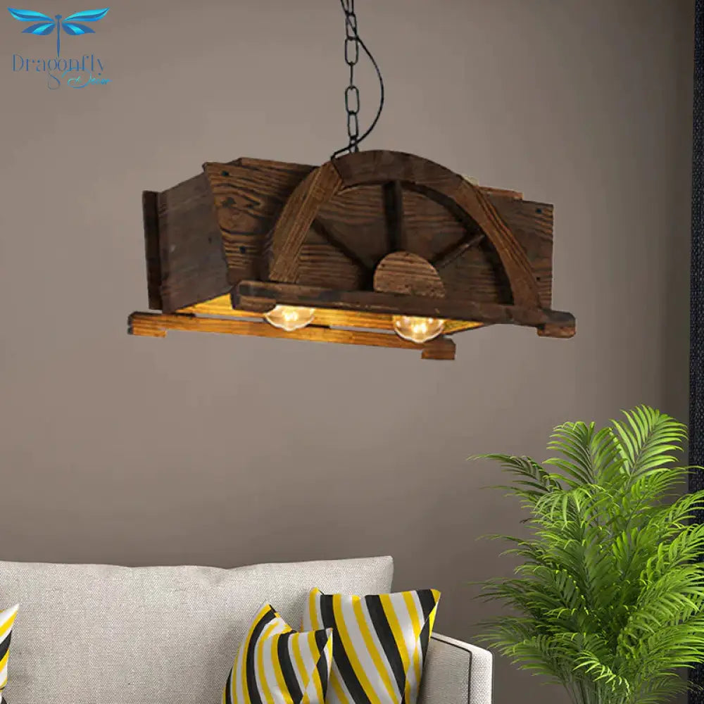Brown Wood Rectangle Hanging Light 2 - Bulb Antique Ceiling Fixture For Restaurant