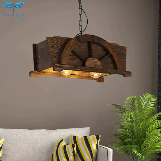 Brown Wood Rectangle Hanging Light 2 - Bulb Antique Ceiling Fixture For Restaurant