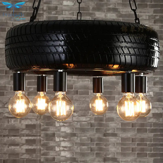 Cafe Car Tire Pendant Lamp Rubber 6 Lights Vintage Stylish Chandelier In Black