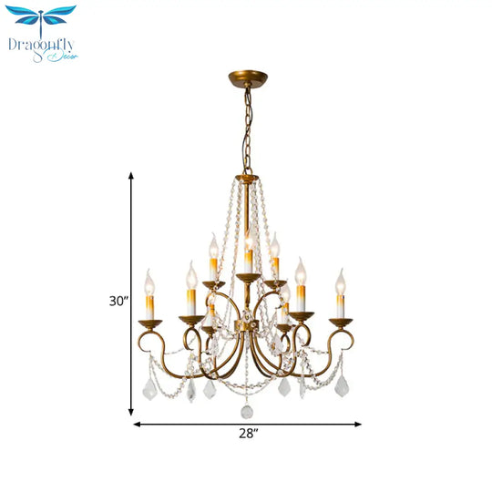 Candelabra Bedroom Chandelier Pendant Light Rustic Crystal 6/9 Lights Brass Down Lighting