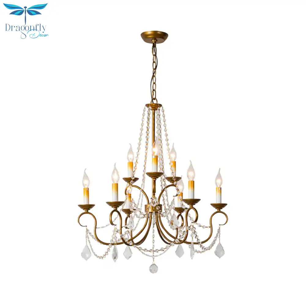 Candelabra Bedroom Chandelier Pendant Light Rustic Crystal 6/9 Lights Brass Down Lighting