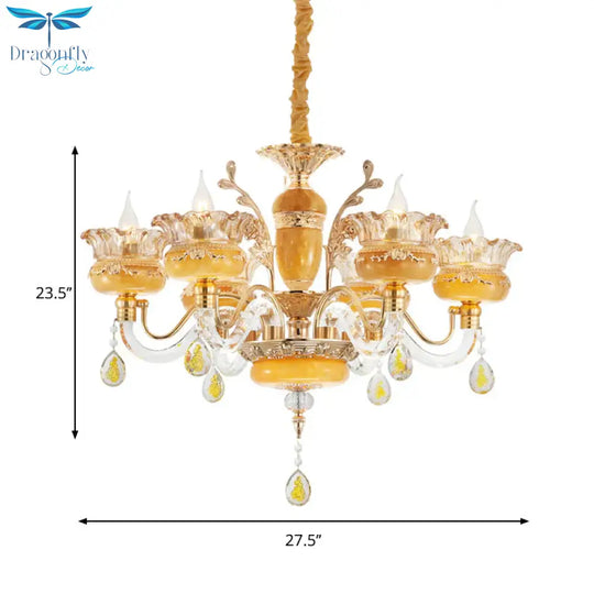 Candelabra Dinning Room Pendant Traditional Crystal Raindrops 6 Bulbs Yellow Chandelier