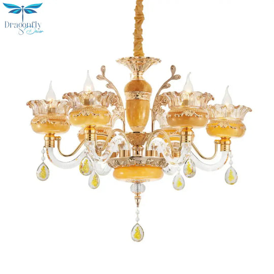 Candelabra Dinning Room Pendant Traditional Crystal Raindrops 6 Bulbs Yellow Chandelier
