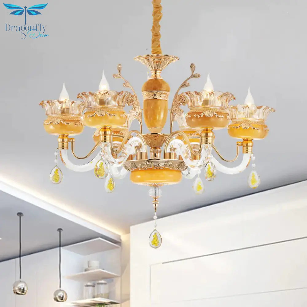 Candelabra Dinning Room Pendant Traditional Crystal Raindrops 6 Bulbs Yellow Chandelier