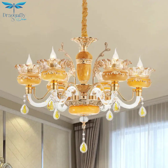Candelabra Dinning Room Pendant Traditional Crystal Raindrops 6 Bulbs Yellow Chandelier