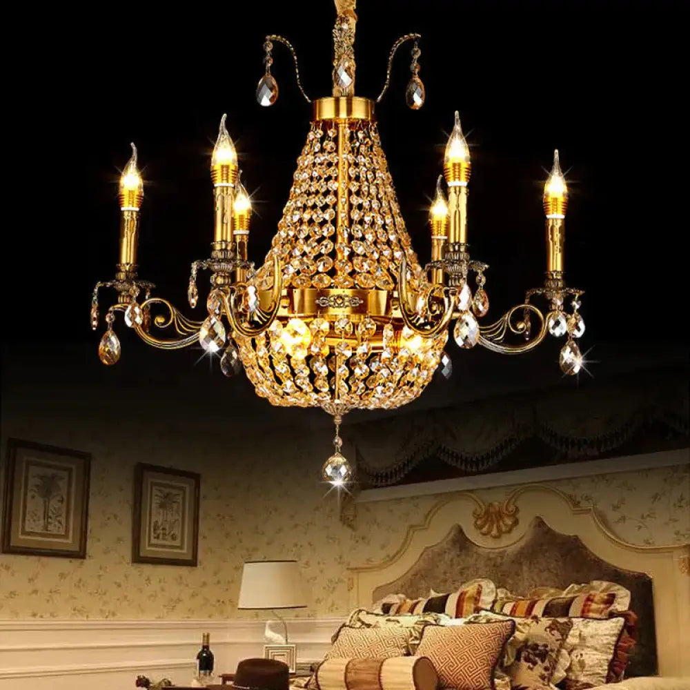 Candelabra Hanging Light Contemporary Metal 2/6/8 Lights Gold Chandelier With Crystal Strand