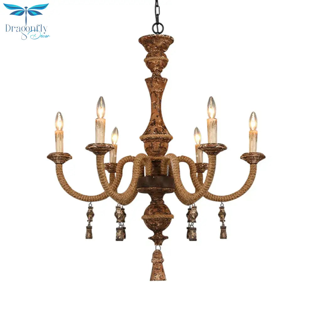 Candelabra Metal Ceiling Light Rustic 6 - Bulb Living Room Pendant Chandelier In Brown