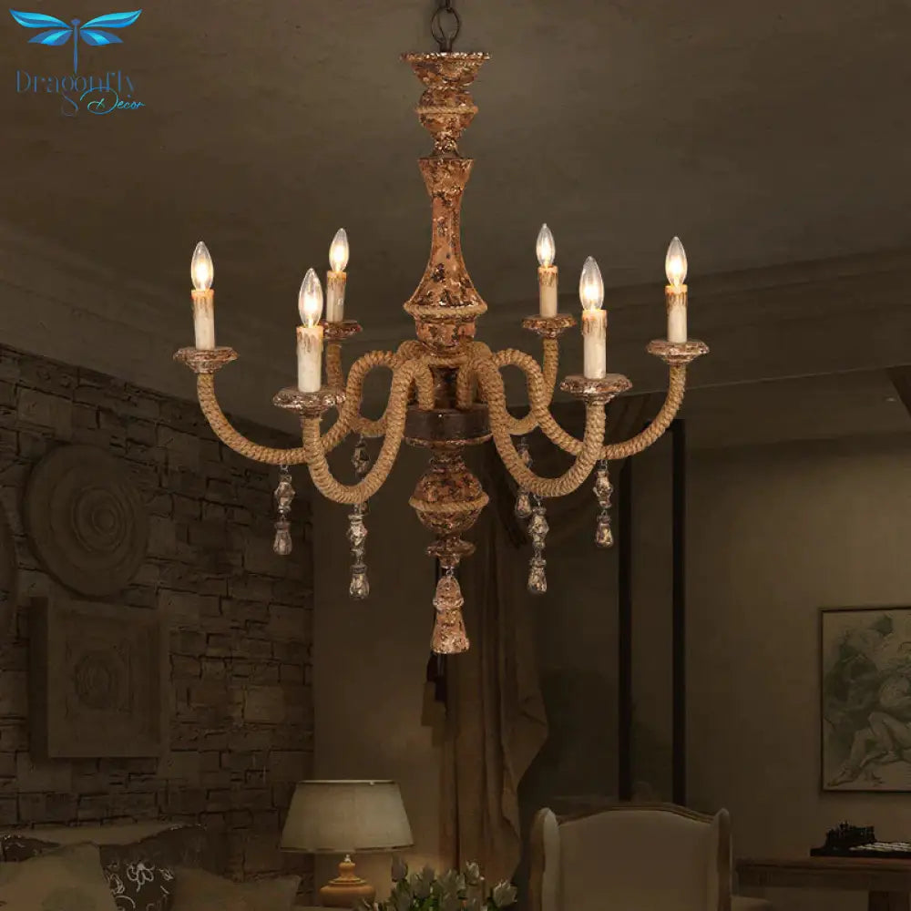 Candelabra Metal Ceiling Light Rustic 6 - Bulb Living Room Pendant Chandelier In Brown