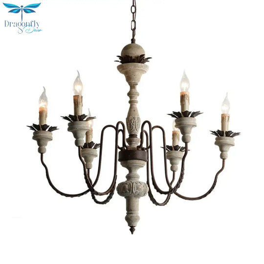 Candelabra Wood Hanging Light With Gooseneck Arm Minimalism 6 - Bulb Restaurant Chandelier Lighting