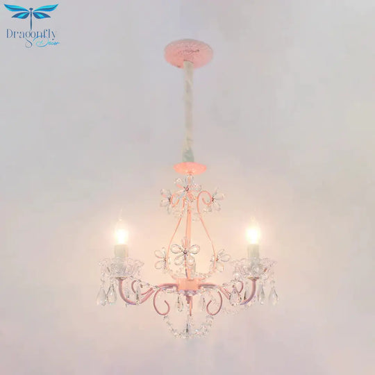 Candle Bedroom Ceiling Chandelier Traditional K9 Crystal 3/5 Heads Pink Hanging Light Fixture