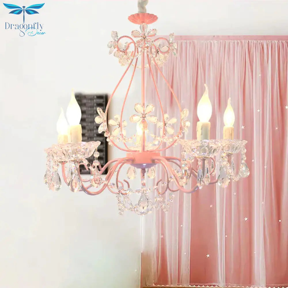 Candle Bedroom Ceiling Chandelier Traditional K9 Crystal 3/5 Heads Pink Hanging Light Fixture