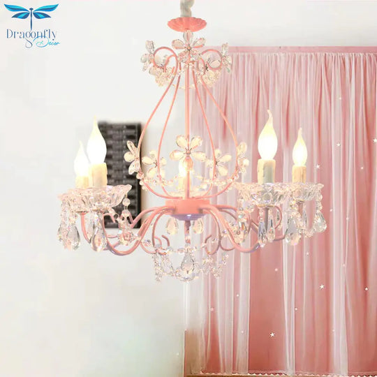 Candle Bedroom Ceiling Chandelier Traditional K9 Crystal 3/5 Heads Pink Hanging Light Fixture